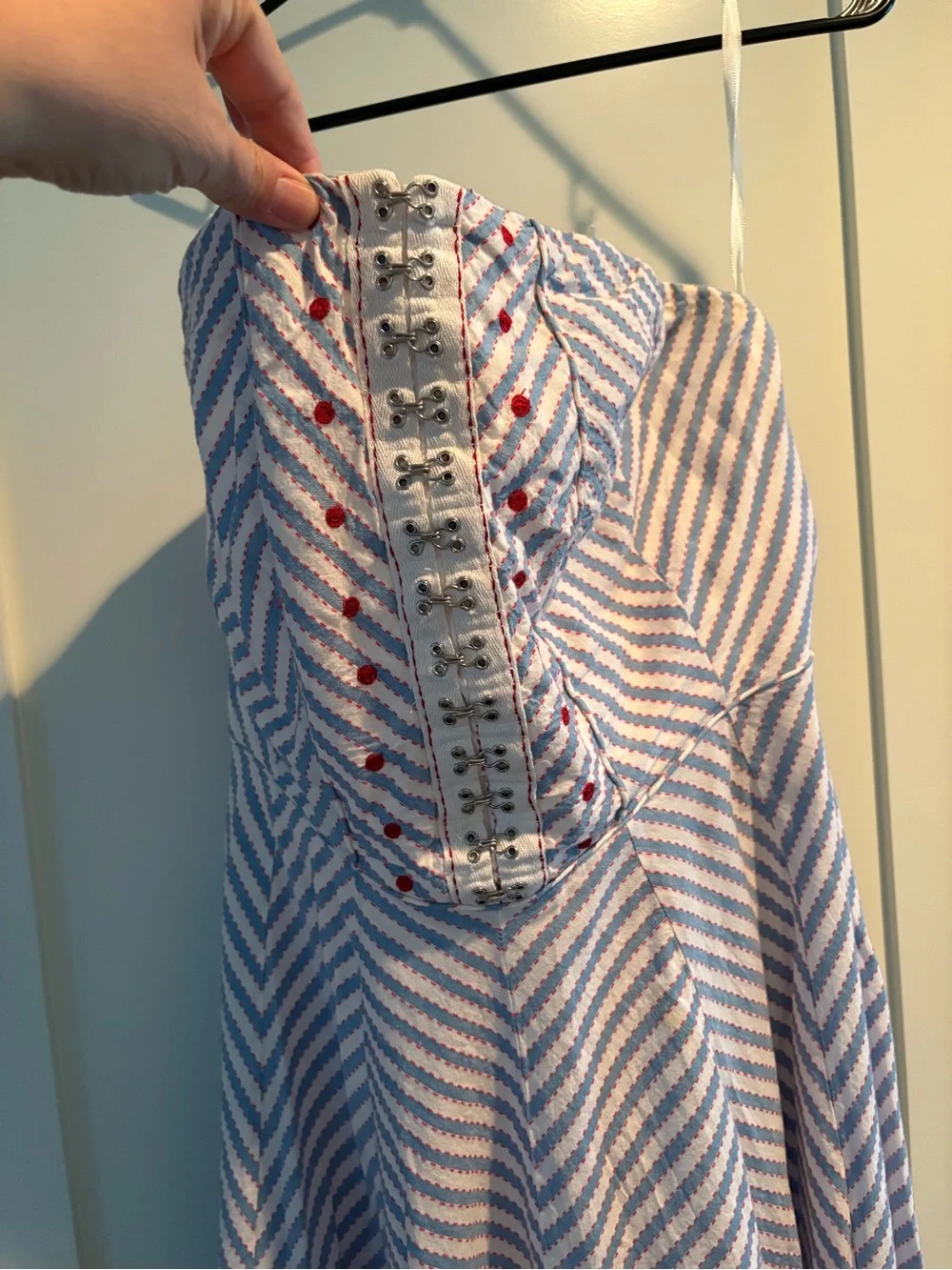 Anthropologie Strapless Blue & White Chevron Midi Dress with Front Detailing - Picture 3 of 6